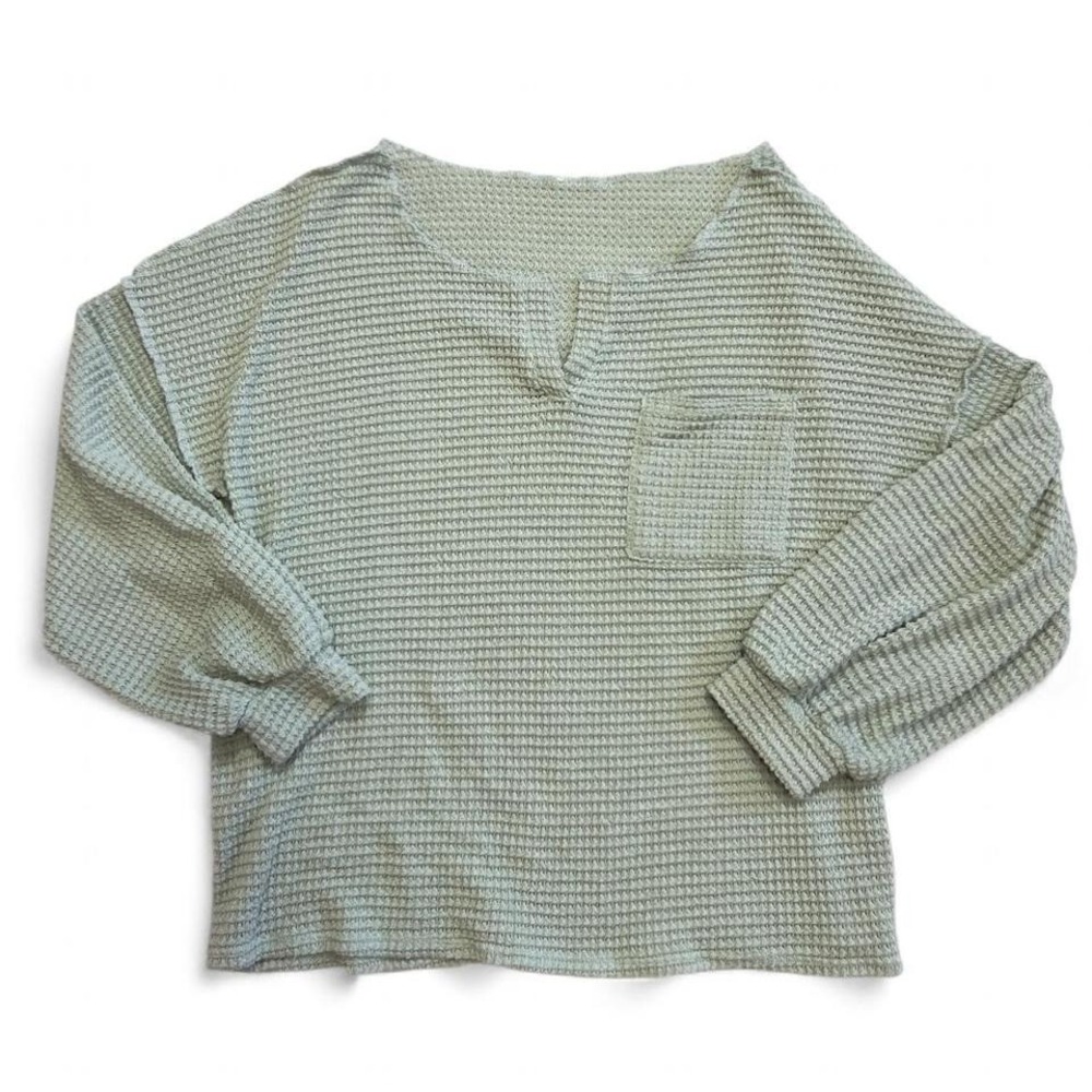 Green Long Sleeve Waffle Knit Shirt Womens Medium Cottage Loungewear Preppy